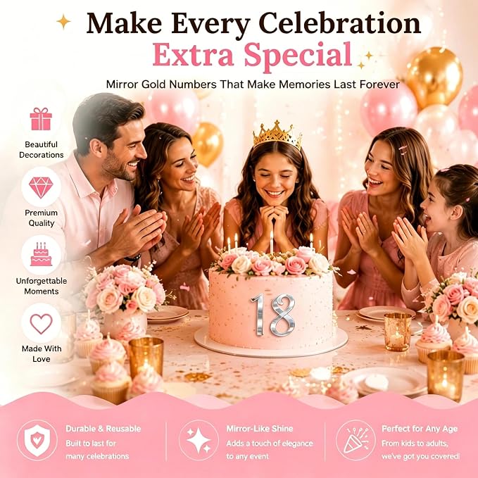 Acrylic Number Cake Topper Silver DIY Mirrored Cake Topper 0-9 Number Set Suitable for Wedding, Birthday, Party Decoration