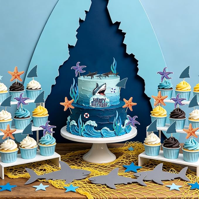 Hooqict 24Pcs Shark Cake Decorations Set with Mini Sea Animals Shark Cake Toppers & Cupcake Toppers for Ocean Theme Under the Sea Birthday Party Decorations Supplies