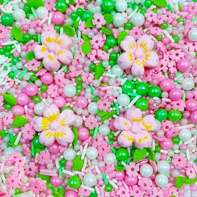 Sentovac Pink Flowers Sprinkles Edible Spring Green Peals Sprinkles for Cake Decorating Candy Cupcake Cake Topper Cookie Baking Decorations Christmas Wedding Supplies