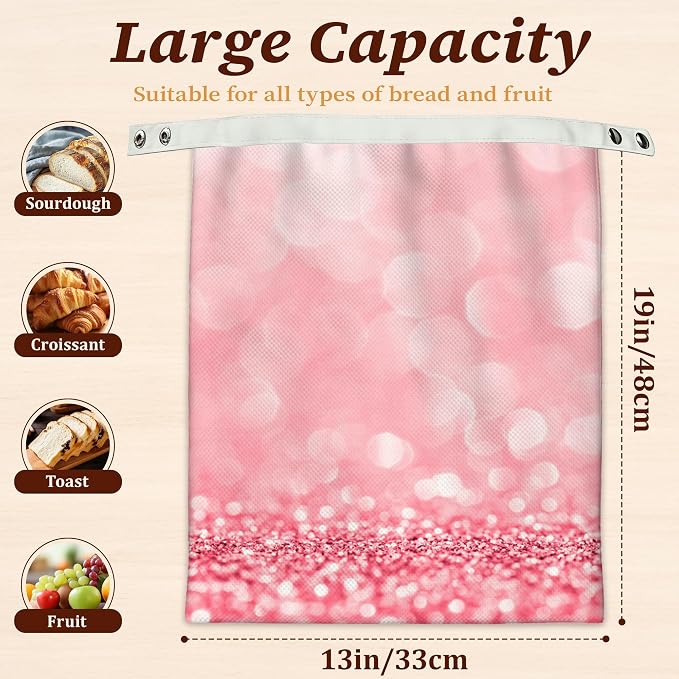 Beeswax Bread Bags, 2 Pack for Homemade Bread and Sourdough Storage | Pink Glitter, Reusable Polyester Bread Storage With Beeswax Coating And Snap Closures