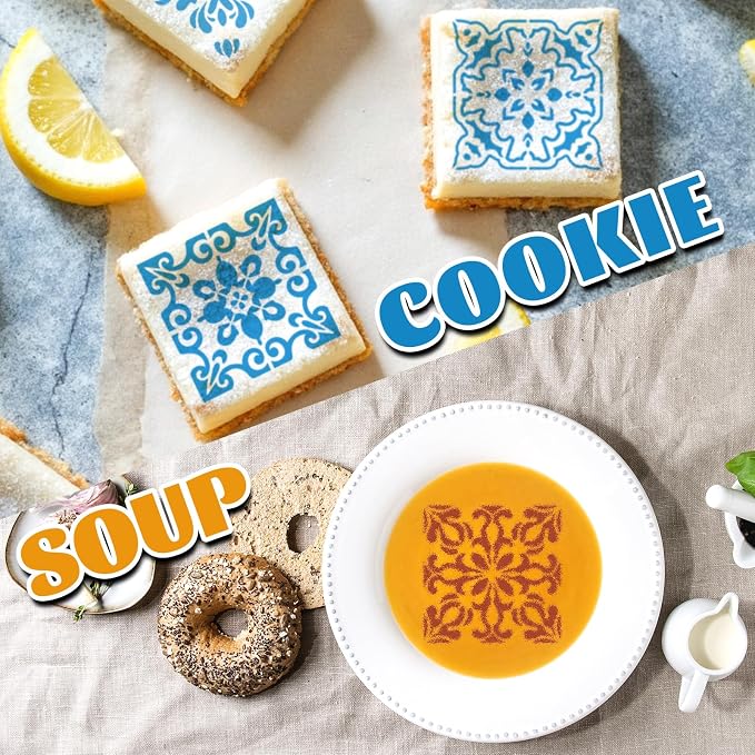 Whaline 15 Pcs Floral Tile Cookie Stencils Chinoiserie Toile Tiles Airbrush Painting Stencils with Bead Chain Decor Biscuit Coffee Cake Baking Reusable Templates for DIY Crafts Birthday Party