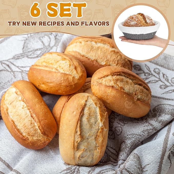 6 Set 6.9 Inch Mini Banneton Bread Proofing Basket Natural Cotton Rope Proofing Bowls Kit with Cloth Liner Small Sourdough Bread Baking Supplies for Home Baking (Grey)