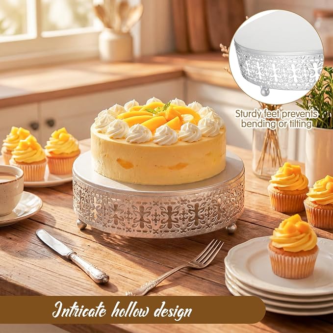 Wenqik 5 Pcs Metal Silver Cake Stand 16/14/12/10/8 Inch Round Cake Holder Display for Dessert Table Cookies Fruit Serving Tray Cupcake Pastry Riser for Wedding Birthday Party and Events