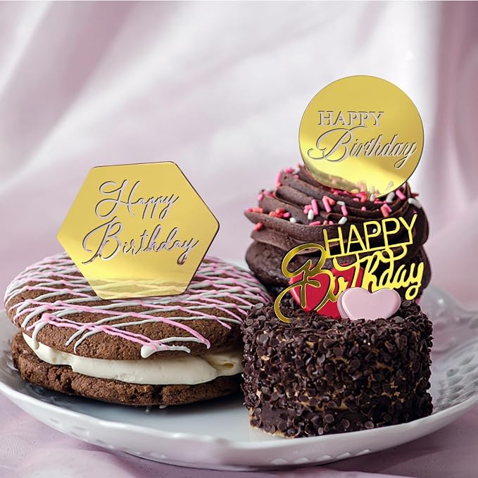 24 PCS Gold Acrylic Cupcake Toppers 8 Styles Happy Birthday Cake Topper Engraved Cake Picks for DIY Party Decoration