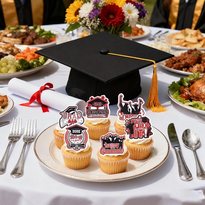 60 PCS Edible 2026 Graduation Cupcake Toppers Diploma Congrats Grad Cap Class of 2026 Cake Decorations Edible 2026 Graduation Decorations for 2026 Graduate Party Cake Decorations Supplies Black Red