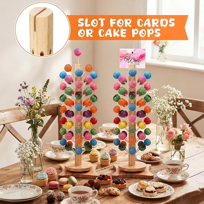Lallisa 2 Pack Wood Cake Pop Stand with Spinning Base, 50 Holes Wooden Lollipop Tree Holder Stand, Decorative Cake Candy Display Dessert Holder, for Wedding Baby Showers Anniversaries Birthday Party