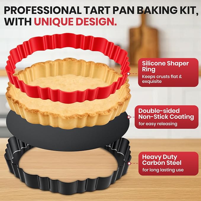 Upgraded 9 Inch Tart Pan with Removable Bottom, Non-Stick Deep Fluted Carbon Steel Quiche Pan, Includes Crust Shaper Ring - Quiche Baking Dish Tart Mold for Baking, Party & Festival