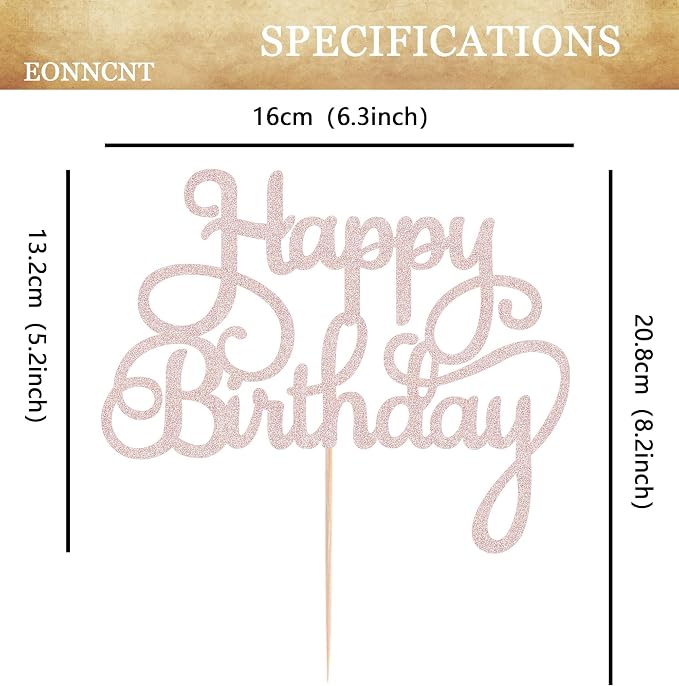 Happy Birthday Cake Topper - Rose Gold Glitter Birthday Party Cake Decoration Supplies, Photo Booth Props