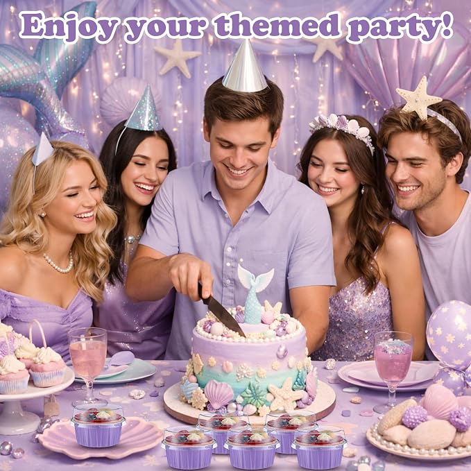 200 Pack Aluminum Foil Cupcake Liners with Lids, 5 oz Round Baking Cup, Disposable Ramekin Container for Graduation Wedding Independence Day Party(Taro Purple,Plain)