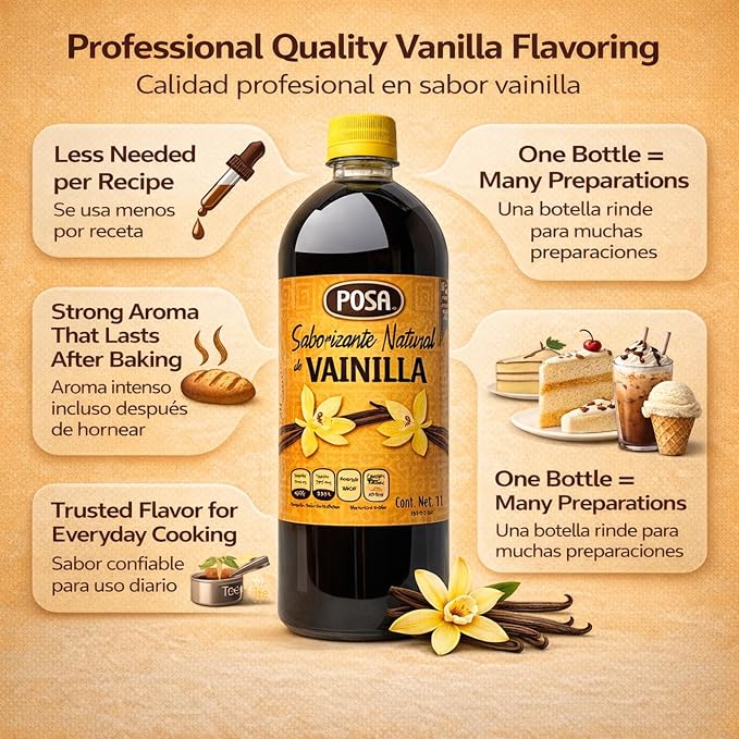 POSA Natural Vanilla Flavoring 33.8 fl oz | Vanilla flavor for baking, desserts and drinks | For home and professional use
