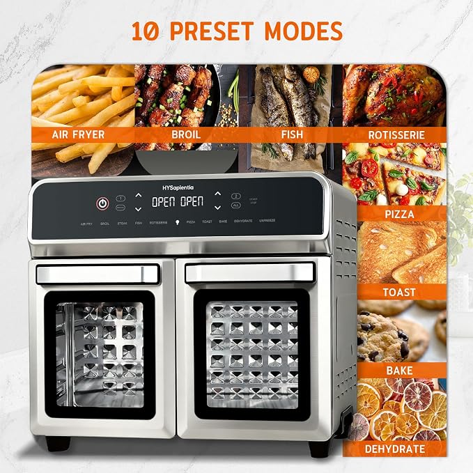 HYSapientia Dual Zone Air Fryer Toaster Oven Combo,10-in-1 Inner and outer Stainless Steel Air Fryer with Rotisserie,24QT Extra Large Countertop Convection Oven,13 Accessories,Even Heating
