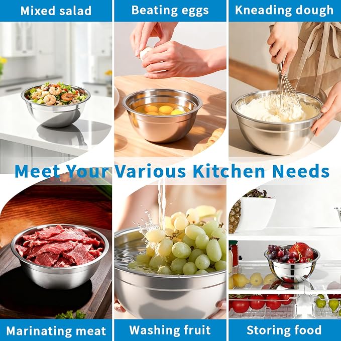 Stainless Steel Mixing Bowls with Lids Set, 7 Pcs Nesting Design Metal Mixing Bowls Salad Bowl for Mixing, Prepping and Serving Food(Size4.5-0.7QT)