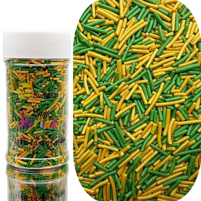 SE Si&Moos Green and Gold Jimmies Sprinkles Gold and Green Sprinkles for Cake Decorating Edible Crunchy Jimmies for Topping Ice Cream, Cookies, Cakes, Cupcakes, Dessert Decorating 3 OZ