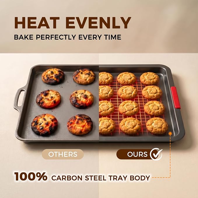 Kikcoin Nonstick Cookie Sheets for Baking Set of 3, Carbon Steel Sheet Pans with Lychee Silicone Handles, 2X Thick Ceramic Coating PFOA-Free, Small Medium Large Stackable Baking Pans for Oven, Grey