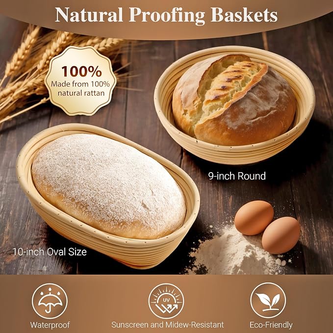 Sourdough Bread Proofing Basket Kit, 9" Round and 10" Oval Banneton Basket with Liners & Covers, Bread Baking Supplies with Bread Lame, Dough Whisk, Brush, Bowl Scraper