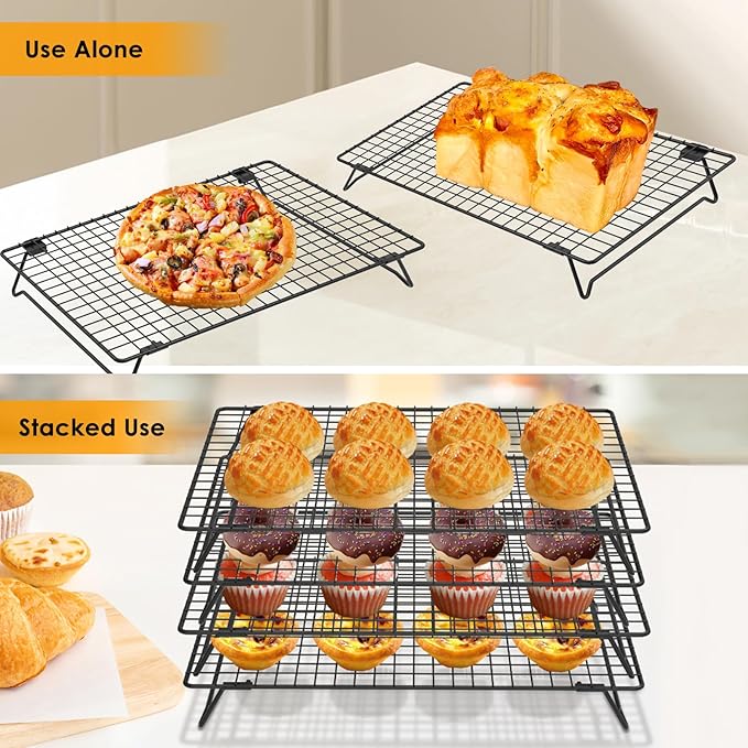 2 Pack Cooling Racks for Cooking and Baking, 13.4 x 9.4 Inch 2-Tier Stackable Cookie Cooling Rack Tall Baking Racks, Carbon Steel Roasting Wire Rack for Baking, Grilling Making Jerky (Black)