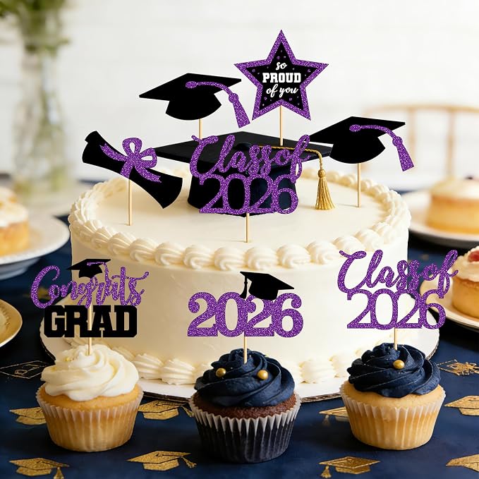 48 PCS Graduation Cupcake Toppers, 6 Styles Congrats Grad Cake Topper 2026, Graduation Decorations, Glittery Black and Purple Cap and Diploma Cake Picks for Grad Party Decor Supplies