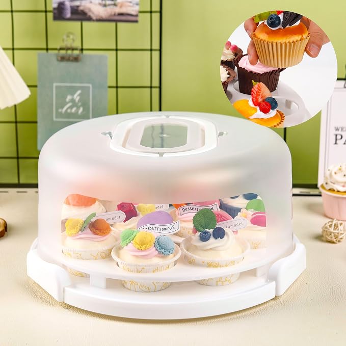 NPLUX White Cake Containers with Lids Round Plastic Cupcake Holders 4-in-1 Multipurpose Cake Carrier Holder for 11 Inch Cake Pies Cupcake Eggs Fruit or Snack Transport
