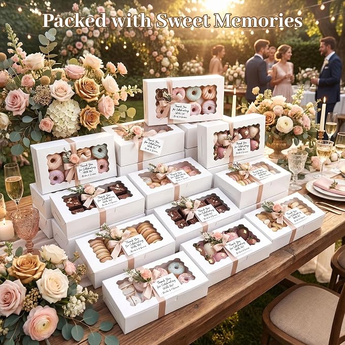 VGOODALL 30PCS Cookie Boxes,12x5.5x2.6Inches White Bakery Boxes with Window Cupcake Containers for Pastry Candy Cupcake Strawberry, Party Supplies
