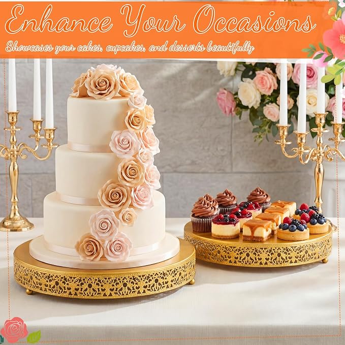 Wenqik 2 Pack Cake Stand Set, 14/16 Inch Metal Round Cupcake Dessert Stand Decorative Elegant Cake Display for Weddings Party Birthday Baby Showers Anniversary (Floral Lace,Gold)