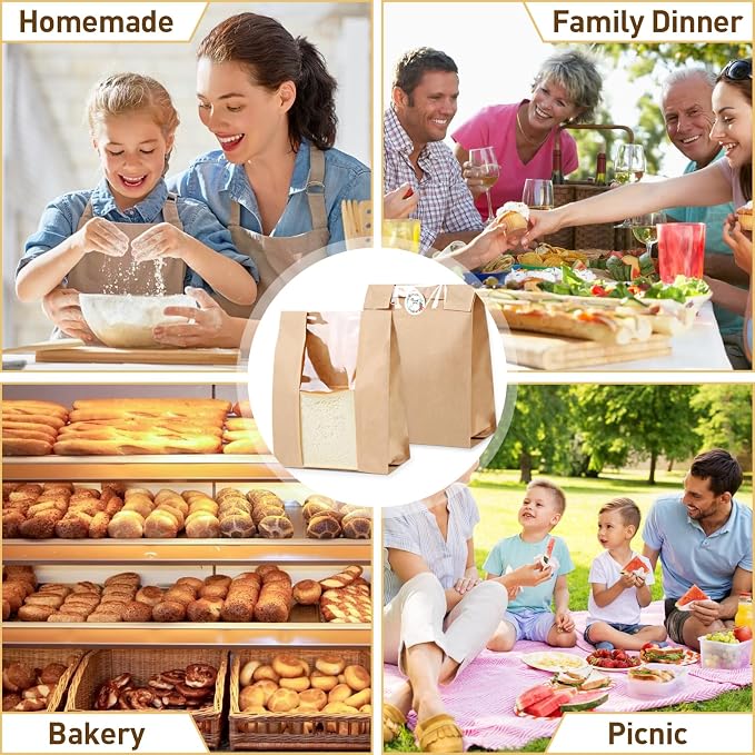 Paper Bread Bags with Window: 28 Large Kraft Bakery Bags 13.7"x8.3"x3.3" 36 Stickers - Reusable Brown Bread Bags for Sourdough - Artisan Loaves Gifting Keep Bread Fresh Longer