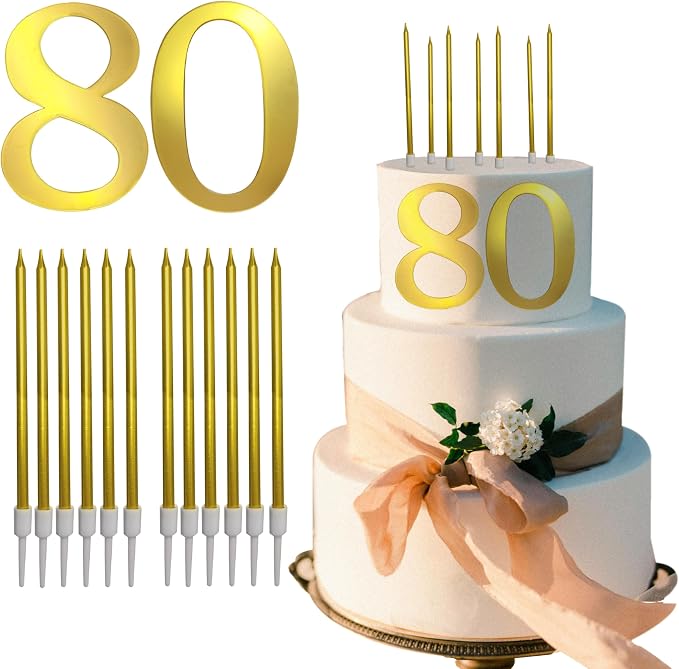 3.7IN Gold Acrylic Number 1-10 Cake Topper with 12 Gold Long Candles - Perfect for Birthday Party Supplies, Ideal for Cake Decoration (Number 80, Gold)