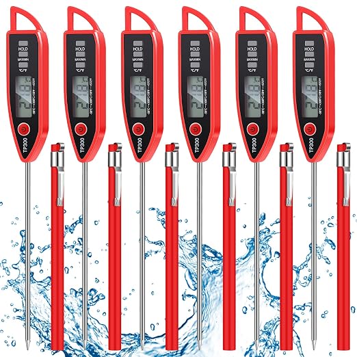 Copkim 6 Set Waterproof Food Thermometer for Water, Liquid, Candle and Cooking Digital Meat Thermometer with Long Probe Instant Read for Kitchen BBQ Grill Candy (Red)