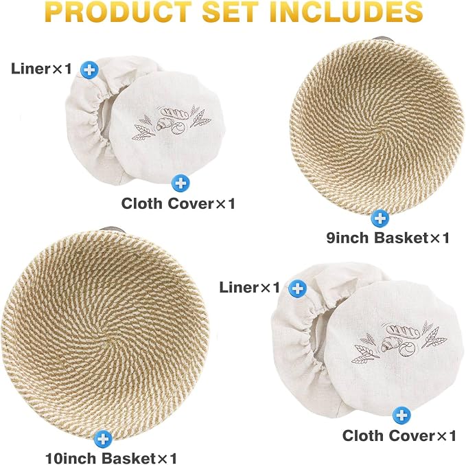 Nikkar Banneton Bread Proofing Basket Set of 2, 9 Inch & 10 Inch | Round Cotton Rope Sourdough Bread Baking Supplies Proofing Bowls with Liners & Covers Gifts for Bakers Women Wife Mom