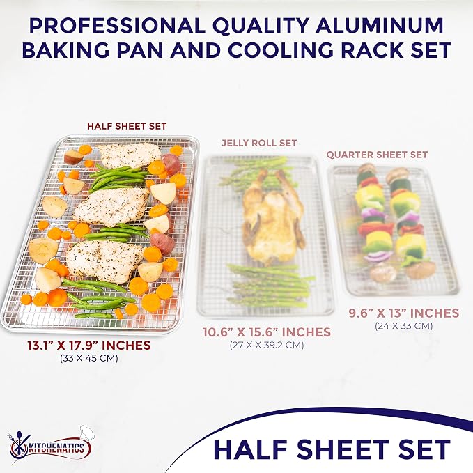 KITCHENATICS Half Sheet Baking Pan and Rack Set Warp-Free 13.1x17.9 In | Aluminum baking tray and stainless steel wire rack combo used together for large family meals