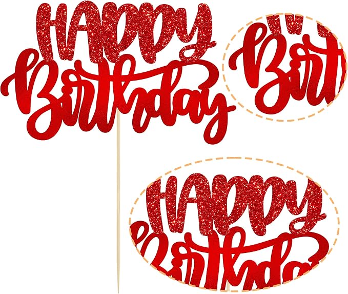 Gyufise 1Pcs Happy Birthday Cake Topper Glitter Cake Pick for Celebrating Anniversary Theme Party Cake Decorations Supplies Red