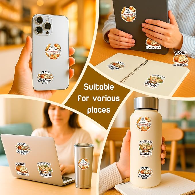 (4 Pcs) Funny Sourdough Baking Stickers Sourdough Humor Waterproof Vinyl Decal for Laptop, Water Bottle, Phone, Tumbler, Car Bumper