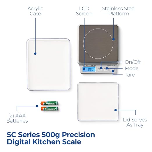 American Weigh Scales SC Series Precision Digital Kitchen Weight Scale, Food Measuring Scale, 2kg x 0.1g (Silver), AMW-SC-2KG (500g x 0.01g)