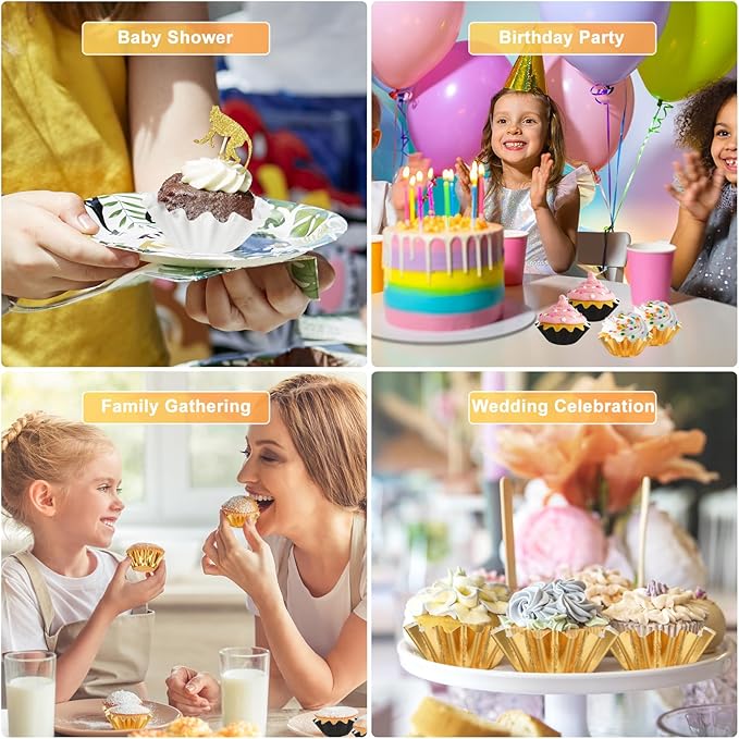 200 PCS Baking Cups Cupcake Liner Flared Muffin Wrappers (Gold+White) | Standard Greaseproof Coated Brioche Paper Cup for Wedding Birthday Holiday Party or Baby Shower