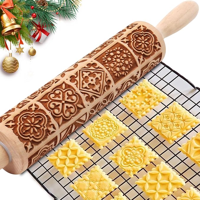 Christmas Embossed Rolling Pin for Baking Cookies Embossing Rolling Pins with Design Wooden Engraved Springerle Roller Pin Dough Patterned Clay Pottery Ceramic Bakers Women (Vintage Square Patterns)