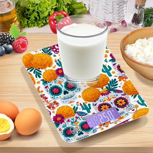 Food Scale Kitchen Digital Scale Food Ounces and Grams Dieting Baking Cooking Waterproof Glass Panels LCD Display,4 Units Scale Tare Function Skull Mexican Halloween White