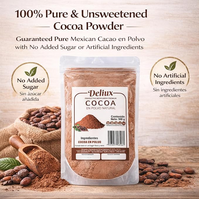 Deliux Cocoa Powder Cacao En Polvo 100% Natural Oaxaca Artisanal 500g Unsweetened Mexican Cocoa