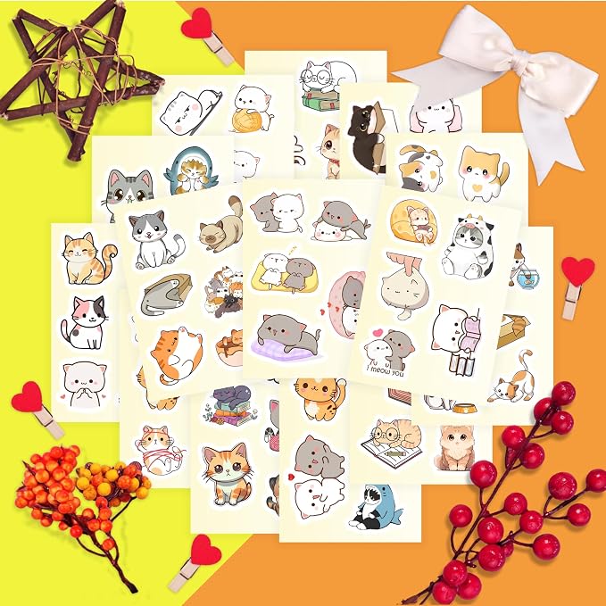 100Pcs Cute Cat Stickers Kawaii for Water Bottle and Laptop - Cute Cat Party Supplies & Decorations, Waterproof Vinyl Decals, Kawaii and Animal Stickers, Gifts for Women & Men