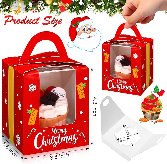TaoBary 24 Pcs Christmas Cupcake Boxes Xmas Individual Cupcake Box Christmas Cookie Boxes with Window Insert Handle Muffin Pastry Holder Bakery Treat Box for X-mas Party(Snowflake)