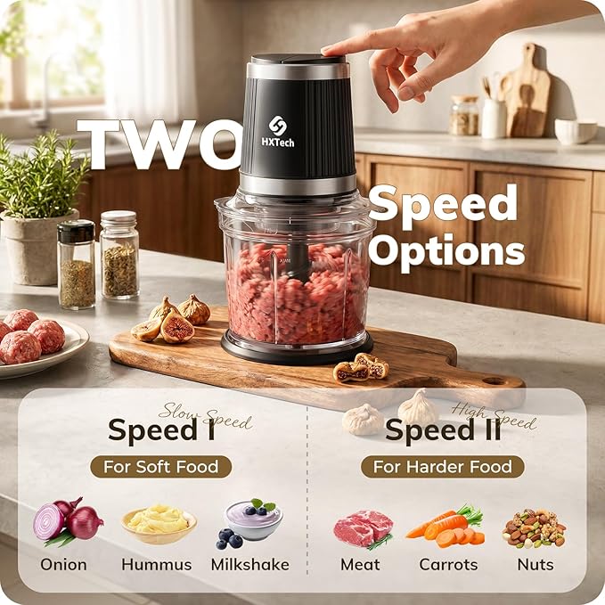 Food Processor Set: 2-Speed Food Chopper with Two 4 Cup Bowls | Electric Vegetable Chopper with 2 Pack 420 Stainless Steel 4-Layer Blades, Meat Grinder for Meat, Fruits, Baby Food,Pet Food