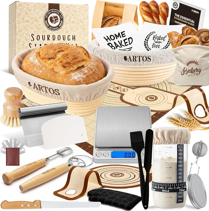 ARTOS ULTIMATE Sourdough Starter Kit | Banneton Bread Proofing Baskets with Bread Making Tools | Sourdough Bread Baking Supplies with Silicone Slings, Mat, Whisk, Scrapers Lame, Jar, Scale & Many More