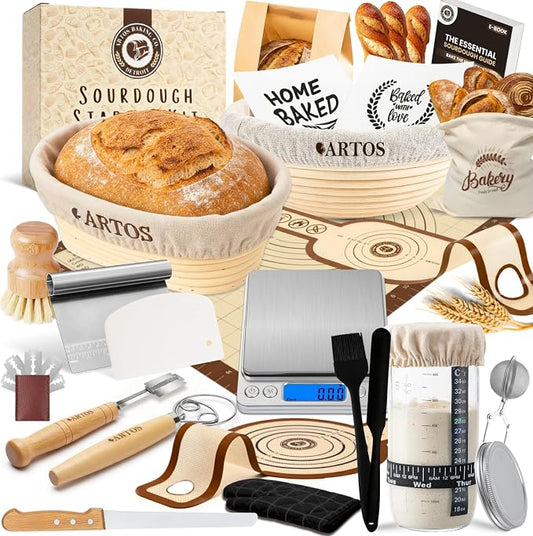 ARTOS ULTIMATE Sourdough Starter Kit | Banneton Bread Proofing Baskets with Bread Making Tools | Sourdough Bread Baking Supplies with Silicone Slings, Mat, Whisk, Scrapers Lame, Jar, Scale & Many More