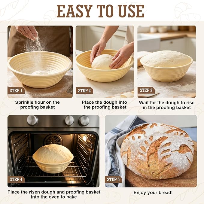 4PCS Silicone Banneton Bread Proofing Baskets, 9" Collapsible Round Sourdough Bread Baking Supplies, Non-Stick Dough Proofing Bowl Containers, Oven & Dishwasher Safe, BPA Free