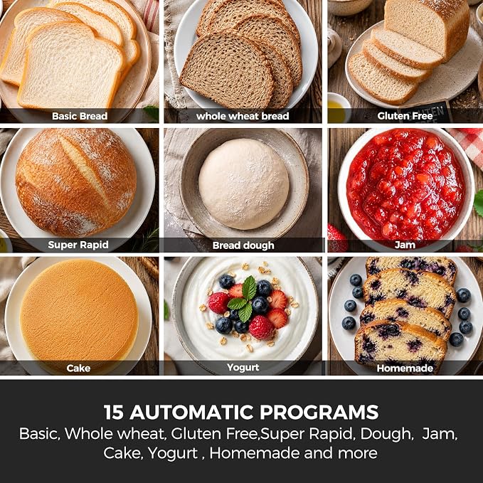 Davivy Bread Machine 3.5LB Large Capacity, 850W Automatic Bread Maker with 15 Programs (Gluten Free, Homemade Memory, Dough Shortcut), 15H Delay Timer, 1H Keep Warm, Nonstick Pan