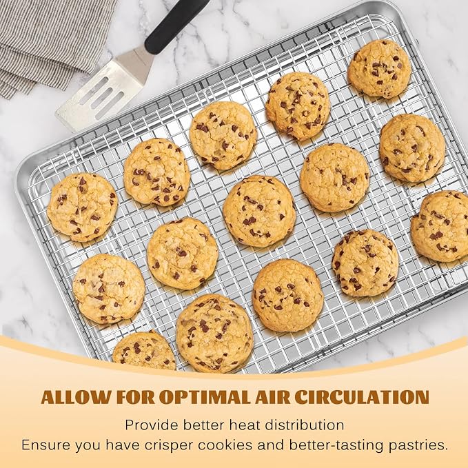 Stainless Steel Baking Sheet with Rack Set, E-far 16”x12” Cookie Sheet Pan for Oven, Rimmed Metal Tray with Wire Cooling Rack for Cooking Roasting Resting Bacon Meat Steak - Dishwasher Safe