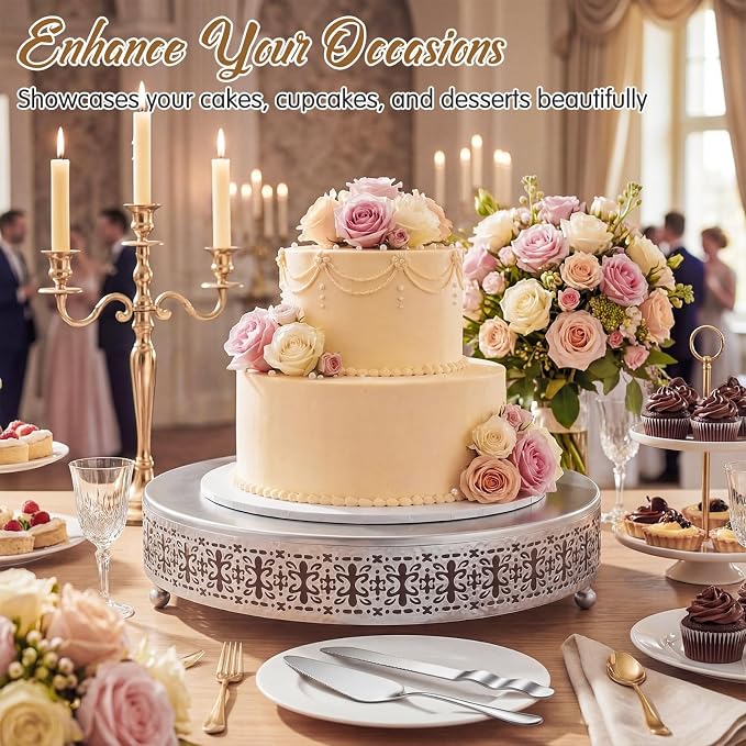 Wenqik Silver Cake Stand 20 Inch Metal Round Cupcake Dessert Stand with Cake Cutting, Spatula Cookies Cupcake Pastry Display Candy Holder Fruit Serving Tray for Wedding Birthday Party