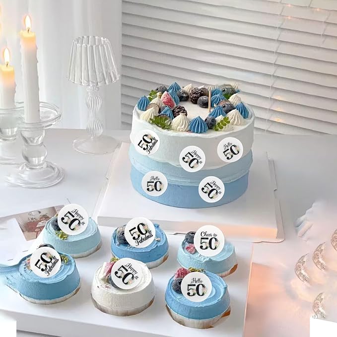 40Pcs Edible Circle Happy 50th Birthday Cupcake Toppers Edible Floral Hello 50 Fabulous Cheers to 50 Cupcake Picks Drink Toppers for Funny Female Floral 50th Birthday Party Decorations