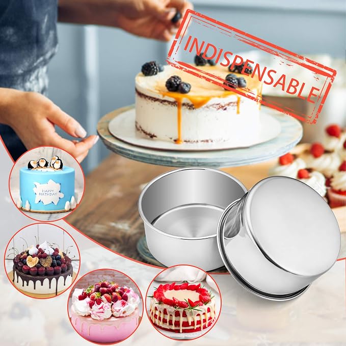 E-far 6 x 3 Inch Round Cake Pans, Stainless Steel Deep Cake Baking Pan Tin for Birthday Wedding Party Chiffon Cheesecake, Healthy Metal & Straight Side, Oven & Dishwasher Safe - Set of 2