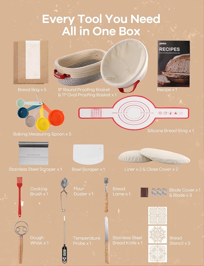 Ganiza Sourdough Starter Kit, Cotton Rope Sourdough Bread Baking Supplies, 9'' Round & 10'' Oval Banneton Basket with Liners & Covers, Sourdough Proofing Basket Kit Gifts for Bakers Women Wife Mom | 9'' Round & 10'' Oval Banneton Basket with Liners & C...