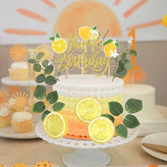 Rsstarxi Happy Birthday Cake Topper Decorations with Juicy Lemon Slices Leaves Cake Pick Decorations for Baby Shower Birthday Party DIY Cake Decorations