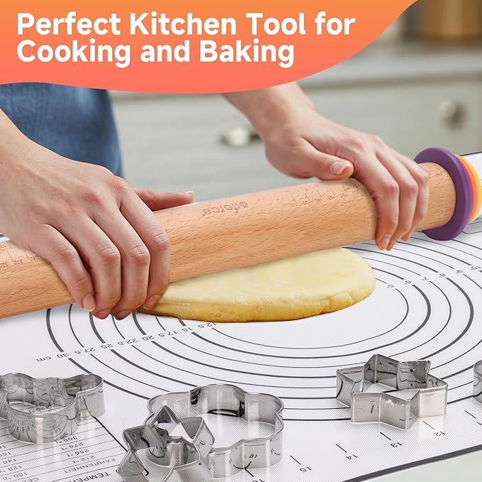 Adjustable Rolling Pin with Thickness Rings for Baking, 13.6" with 4 Multicolored Thickness Ring, Wood Dough Roller for Baking Fondant, Pizza, Cookie, Bread, Pie Crusts
